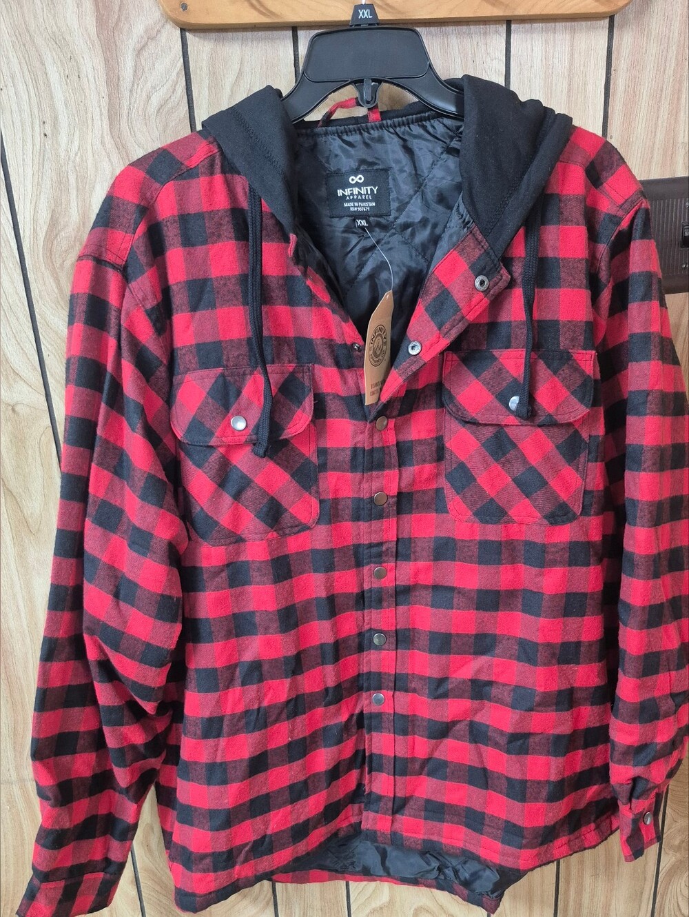 INFINITY Red and Black Plaid Hooded Shirt Jacket Size XXL